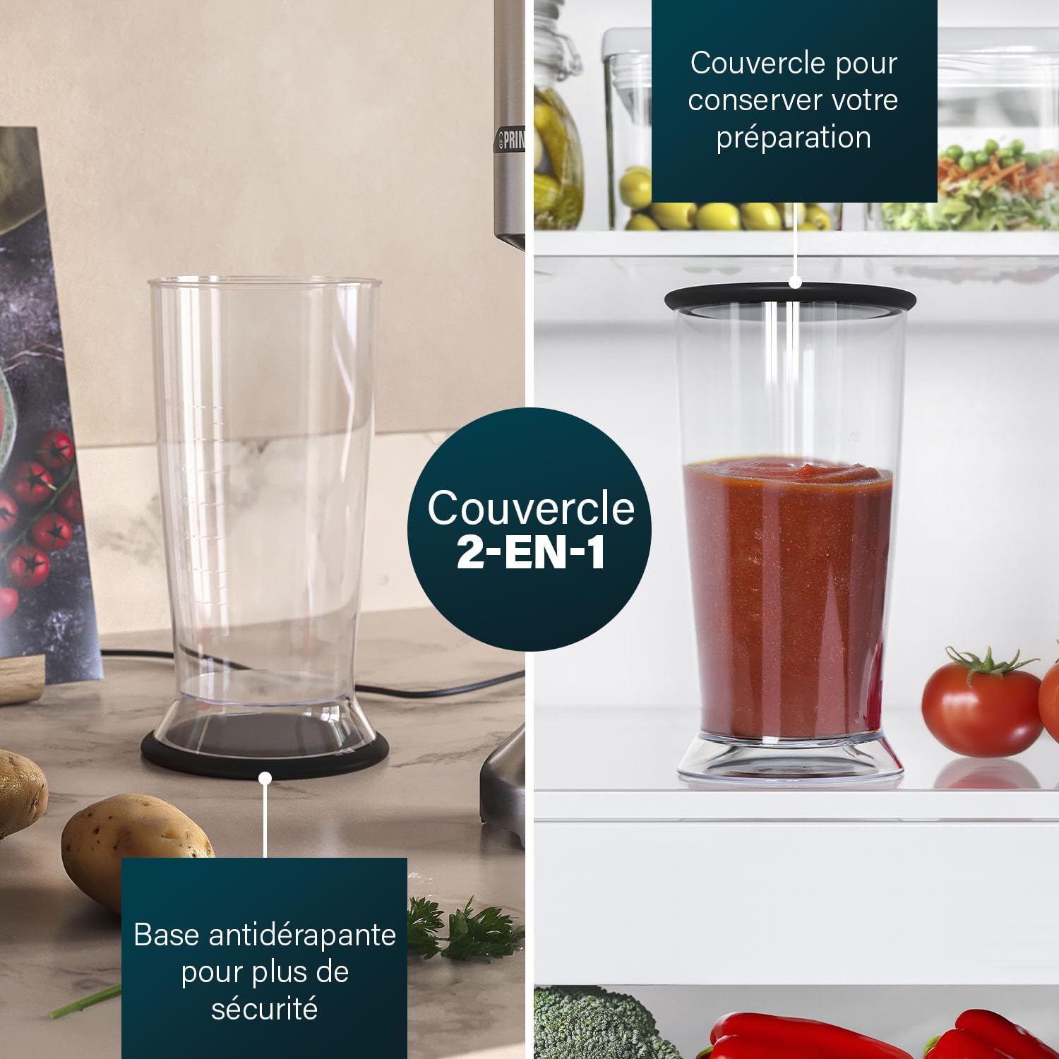 Princess Mixeur Plongeant Prof XXL, Inox, 1500W, Pied Extra-Long 50 cm, 5 Vitesses + Turbo, 4 Lames, Gobelet avec Couvercle Antidérapant, Pièces Lavables Lave-Vaisselle, 221233