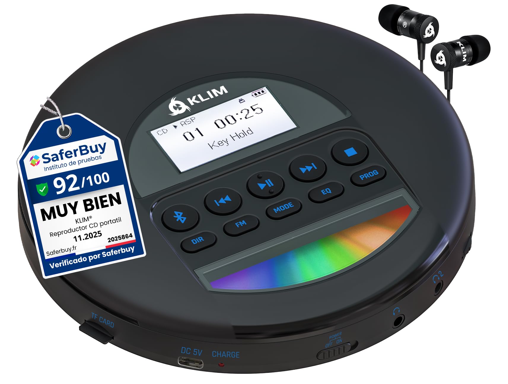 KLIM Nomad - Reproductor CD portatil con batería Interna de Larga duración - Nuevo - Auriculares KLIM Fusion - CD Player Mini Compacto - Radio FM Compatible con CD-R, CD-RW MP3 - Negro Azul