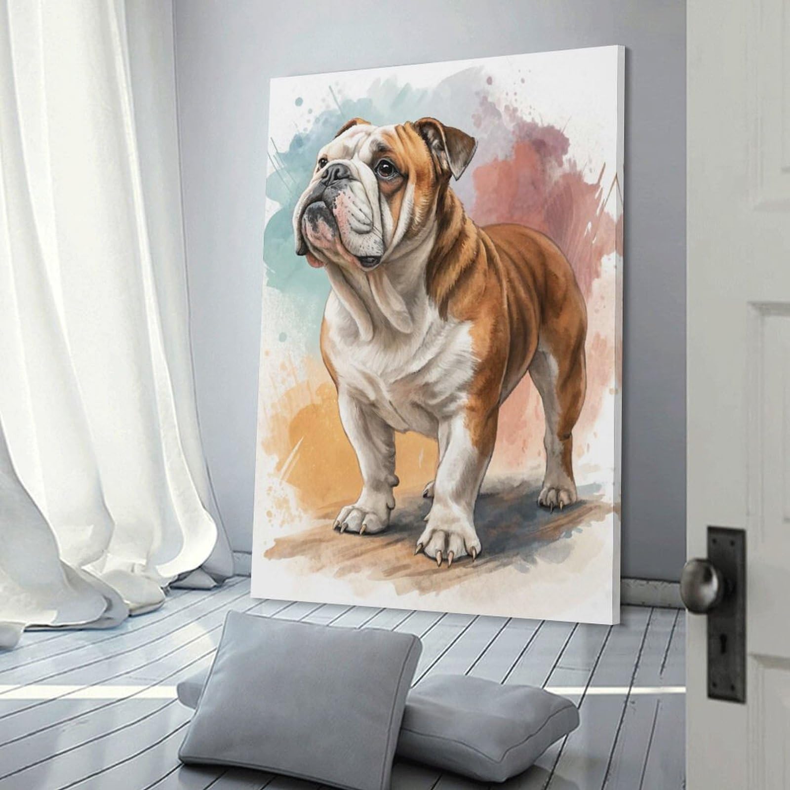 Junmoney Watercolor Bulldog Portrait Decorative Wall Artwork, 24x36inch(60x90cm), for Home Lounge, Bedroom Or Reading Nook, Easy Decor for Gallery Walls