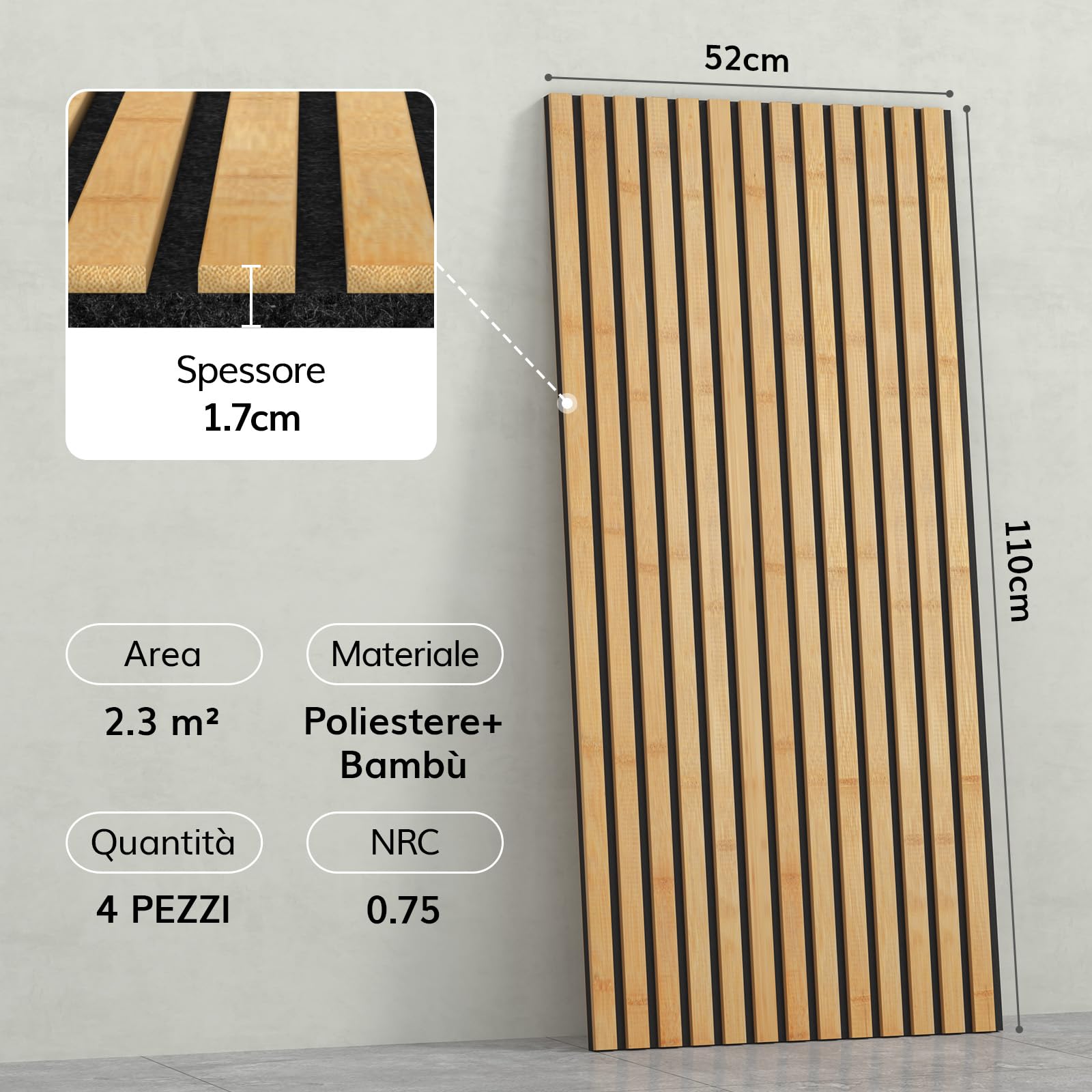 TONOR Set di 4 Pannelli Fonoassorbenti in Bambù Per Pareti, 110 x 52 x 1,7 cm Pannelli Acustici a Doghe Con Adesivo Completo, Pannello Insonorizzante per Parete Tv, Arredamento D'Interni, Casa, Porte