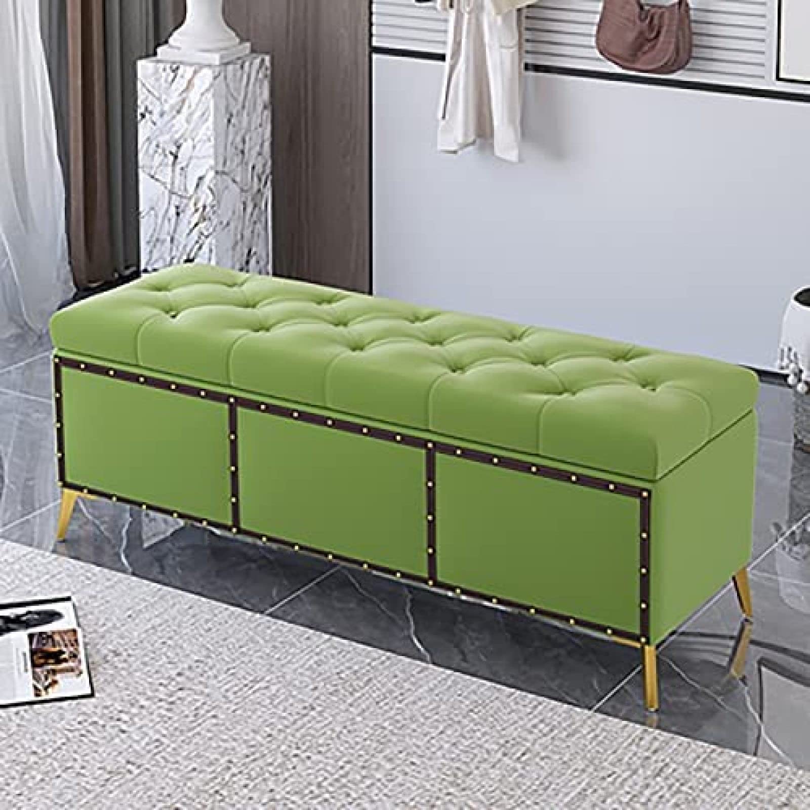 Banc rembourré confortable avec rangement en velours vert clair 120 cm bout de lit