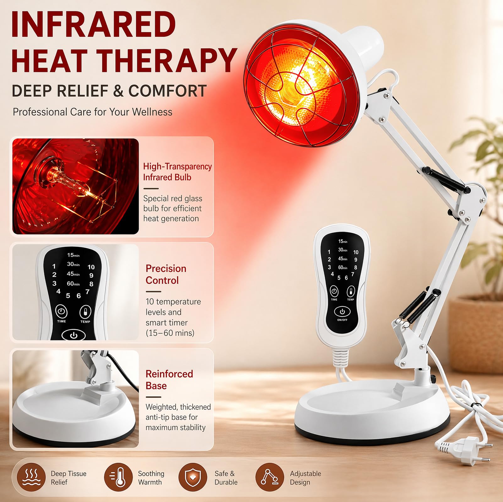 Infrarotlampe, Rotlichtlampe, 150W Infrarotlichtlampe Wärmelampe, Infrarot Hitze Lampe, 10 Stufen Temperatur Einstellbar mit Timer, Tragbarer Heimgebrauch mit Infrarotlicht, fur Schmerzlinderung