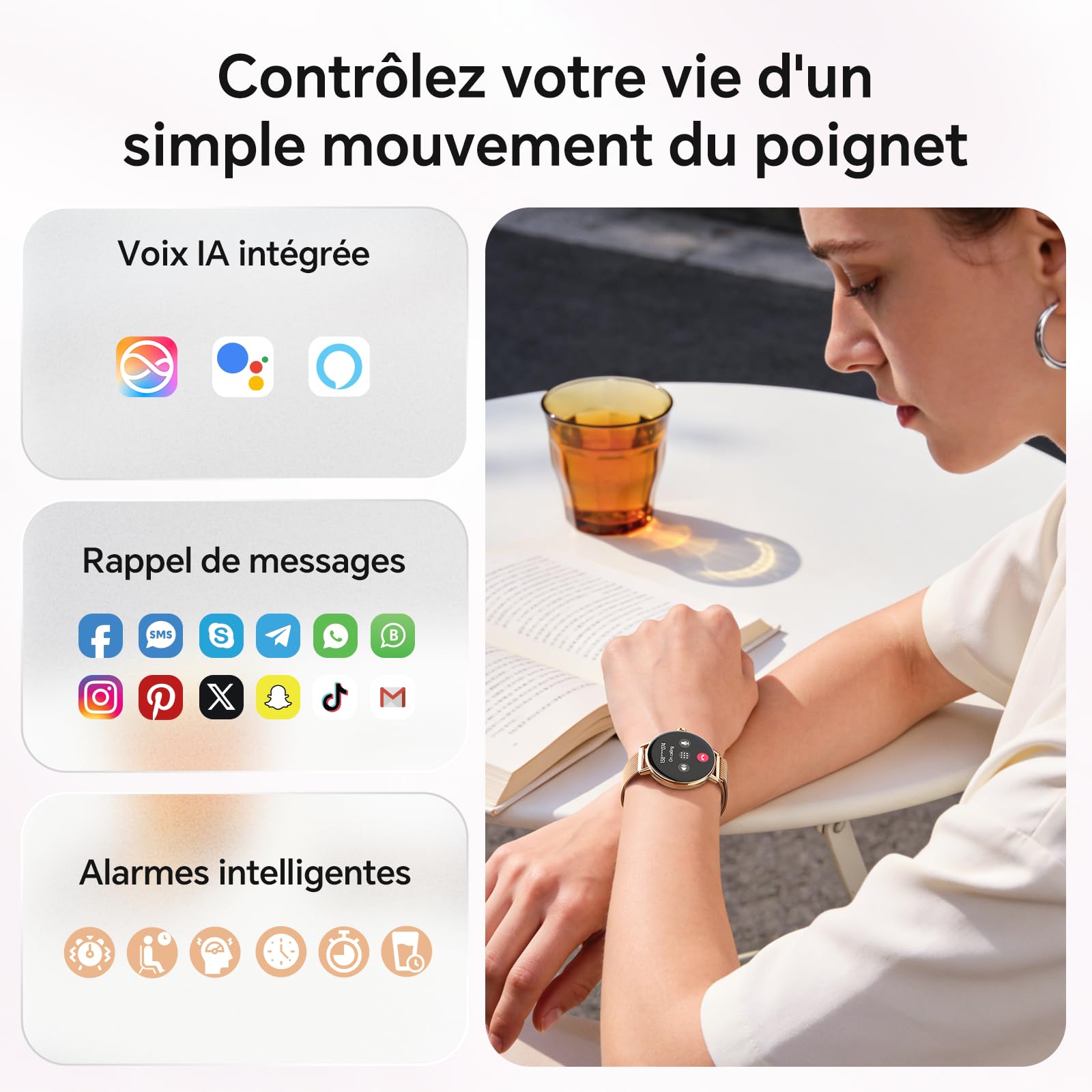 Gydom Montre Connectée Femme Ronde Bracelet Metal Appel Bluetooth, 1.27" Élégante Smartwatch Moniteur de SpO2/Sommeil/Podometre/Calories, IP68 Waterproof, 120+ Sport Modes pour Samsung iPhone Android