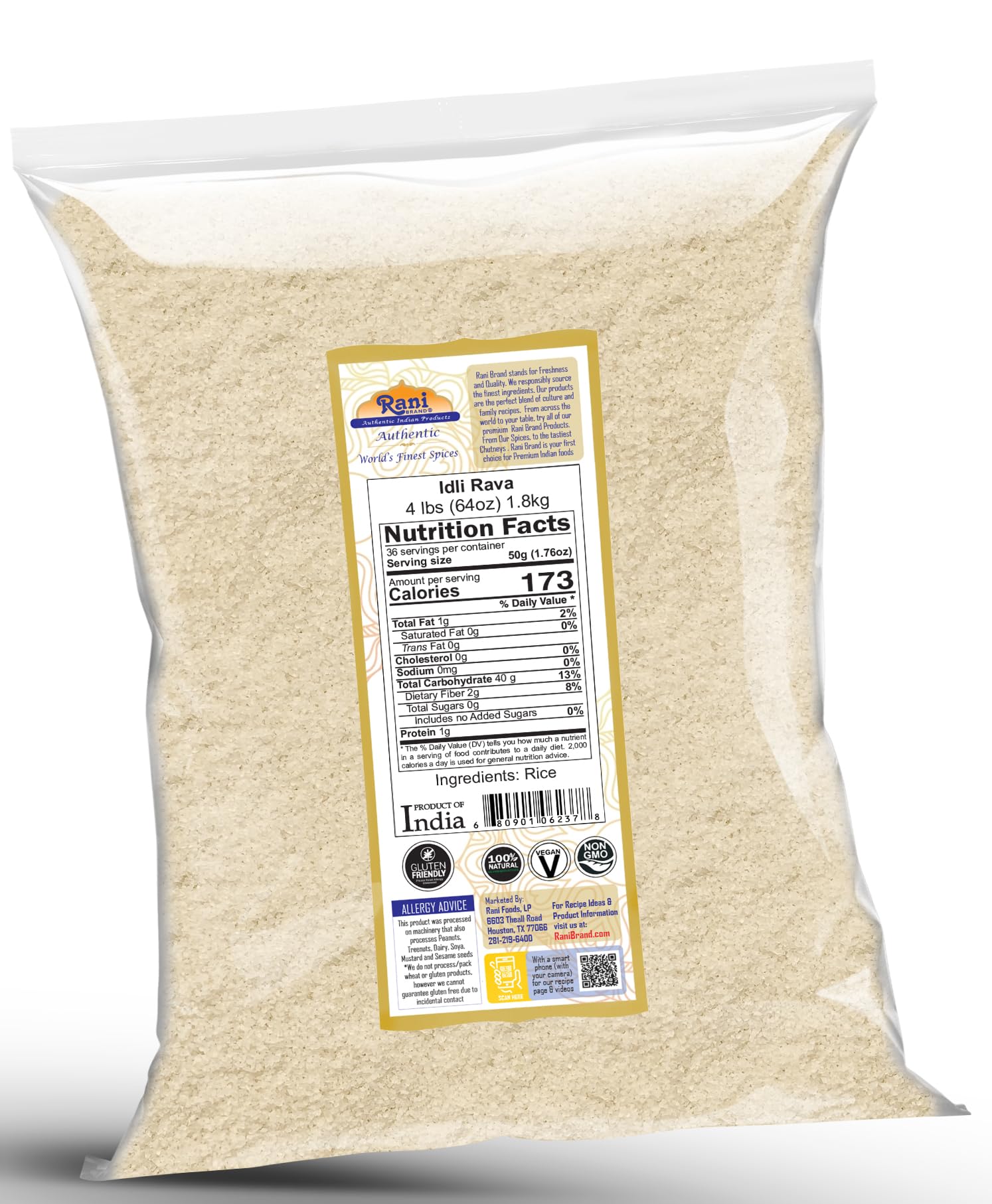 Rani Idly Rava (Parboiled Cream of Rice) 64oz (4lbs) 1.81kg ~ All Natural | Vegan | Gluten Friendly | NON-GMO | Indian Origin