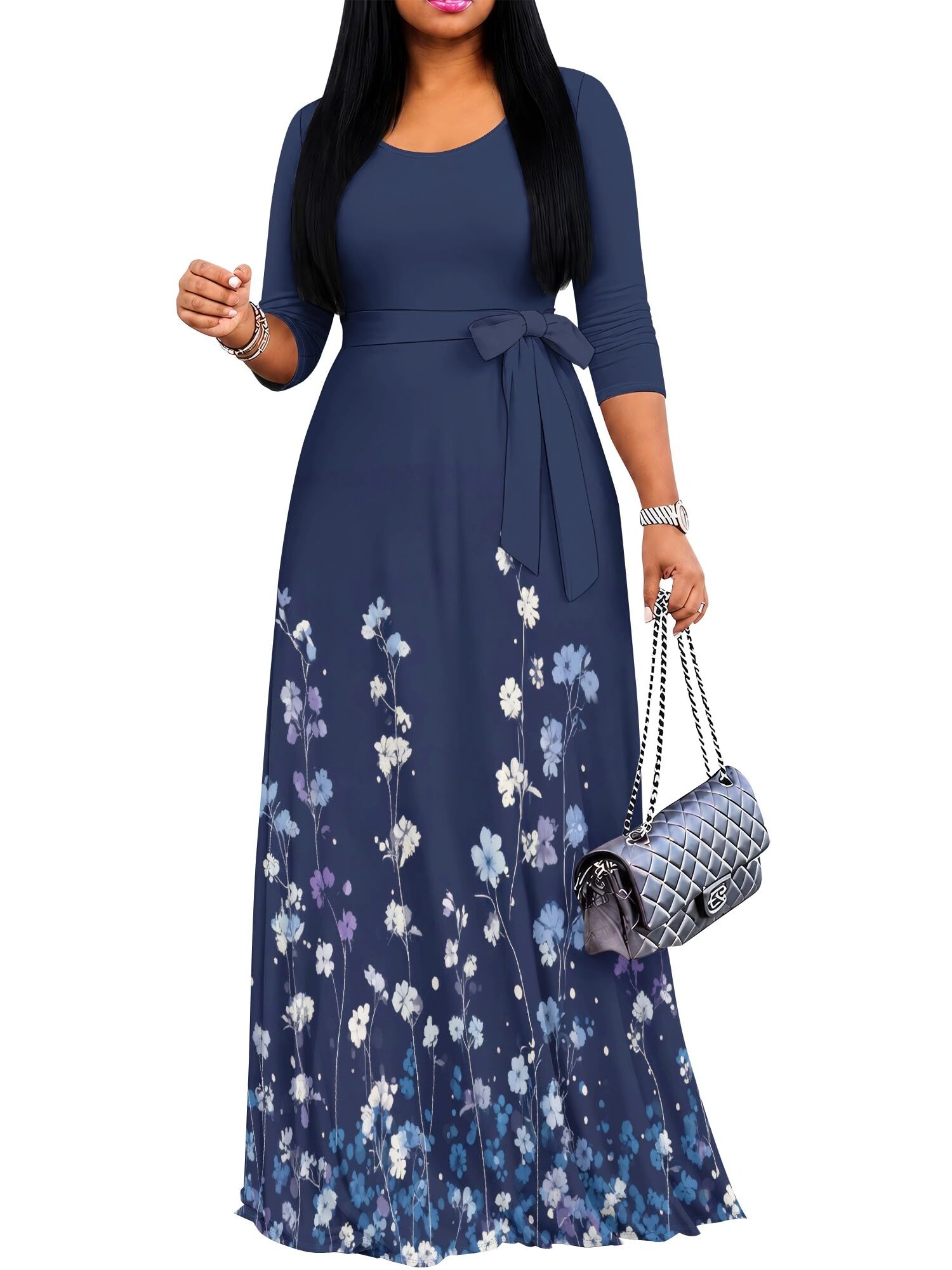 PinkPatty Women's Plus Size V Neck 3/4 Sleeve Boho Maxi Dress with Pockets | Boho printed maxi dress with pockets and tie waist for travel, vacations, weddings, church, parties, and daily wear