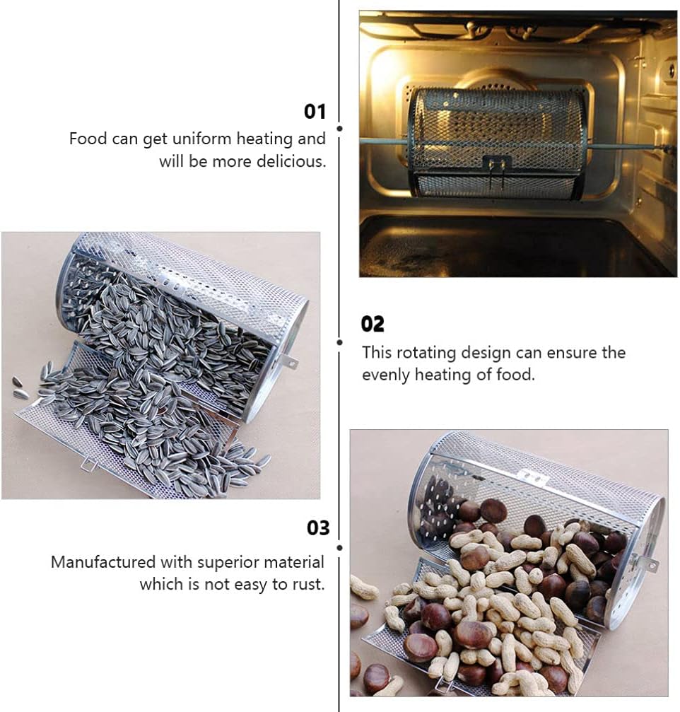 YARDWE Stainless Steel Rotisserie Grill Roaster Drums Oven Basket Oven Roast Baking for Peanut Dried Nut Coffee Beans BBQ Silver
