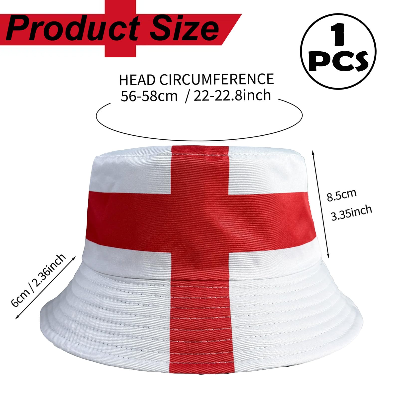 Anglia kapelusz typu bucket St George's Cross - dorosły jeden rozmiar pasuje do wszystkich 56-58 cm bawełniany kapelusz przeciwsłoneczny dla mężczyzn i kobiet - uniseks angielska flaga czapka