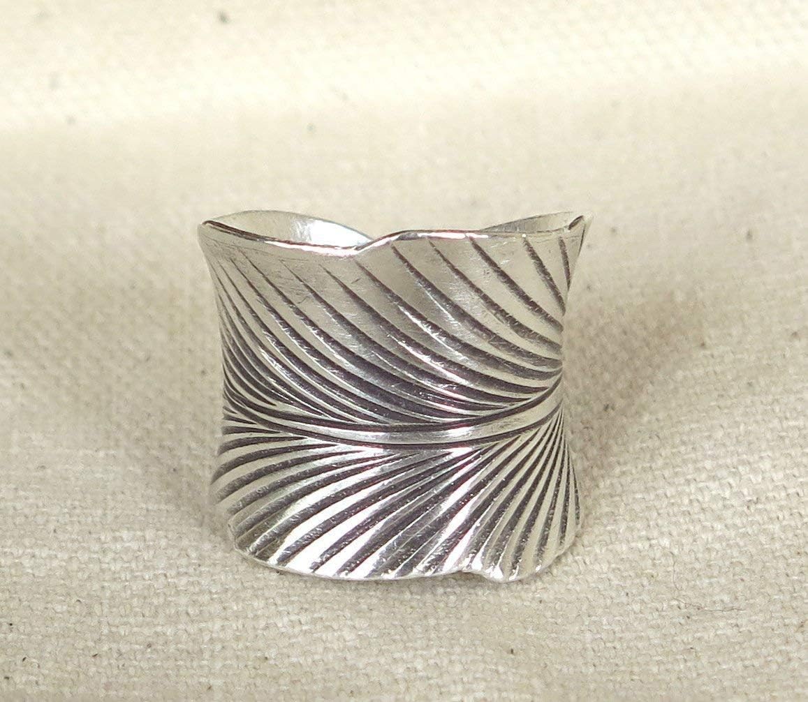 Sterling Silver Wide Boho Wrap Band Leaf Ring, Handmade Engraved Palm Leaf or Feather Tribal Ring, Adjustable, Can fit any finger, Also as Thumb ring, Gift for Her
