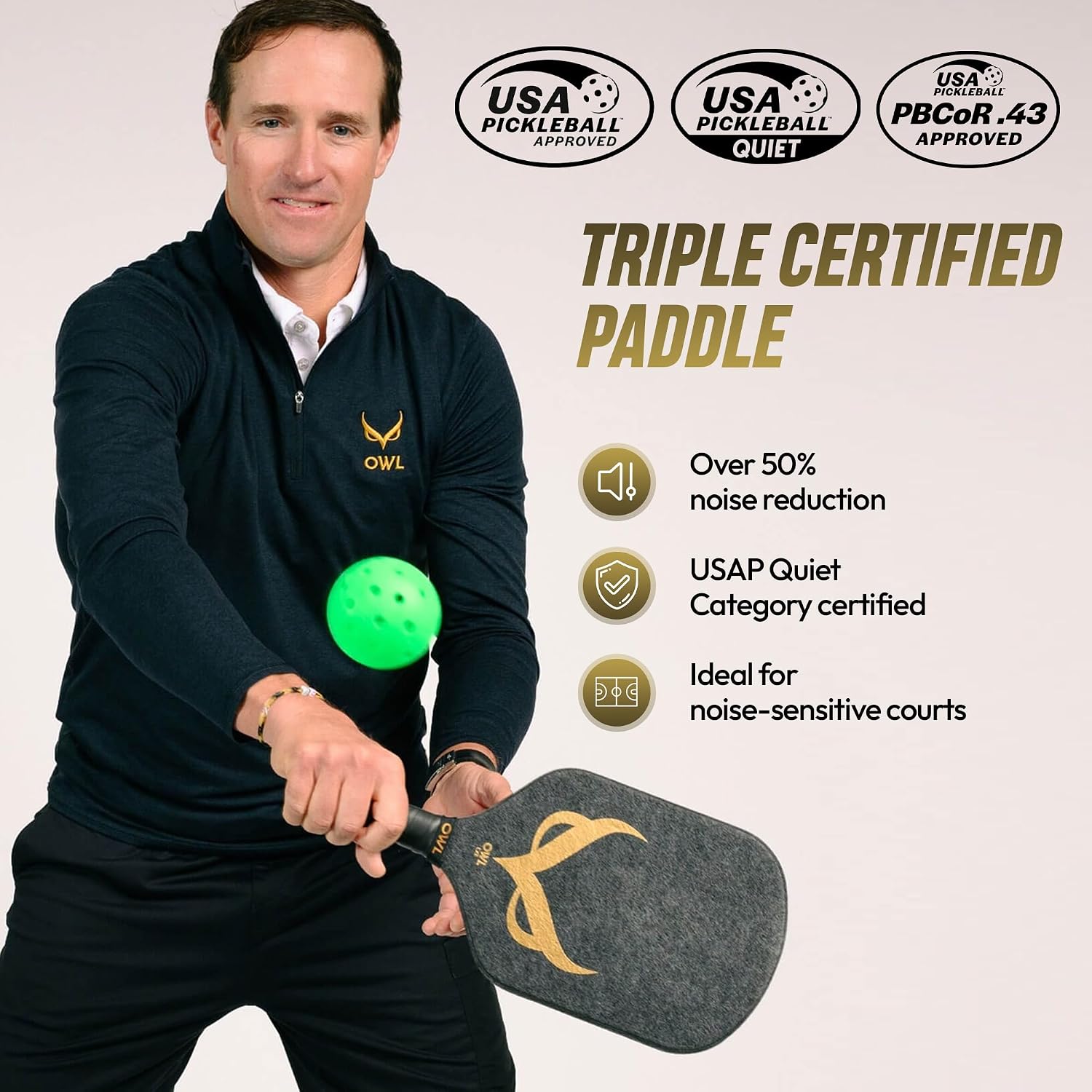 OWL Drew Brees CXE Pickleball Paddle – USAPA Pro Tournament Approved | Gold & Black Signature | Hybrid Shape & 16MM Core | Patented Nanotechnology Design | 50% Noise Reduction | Power & Spin