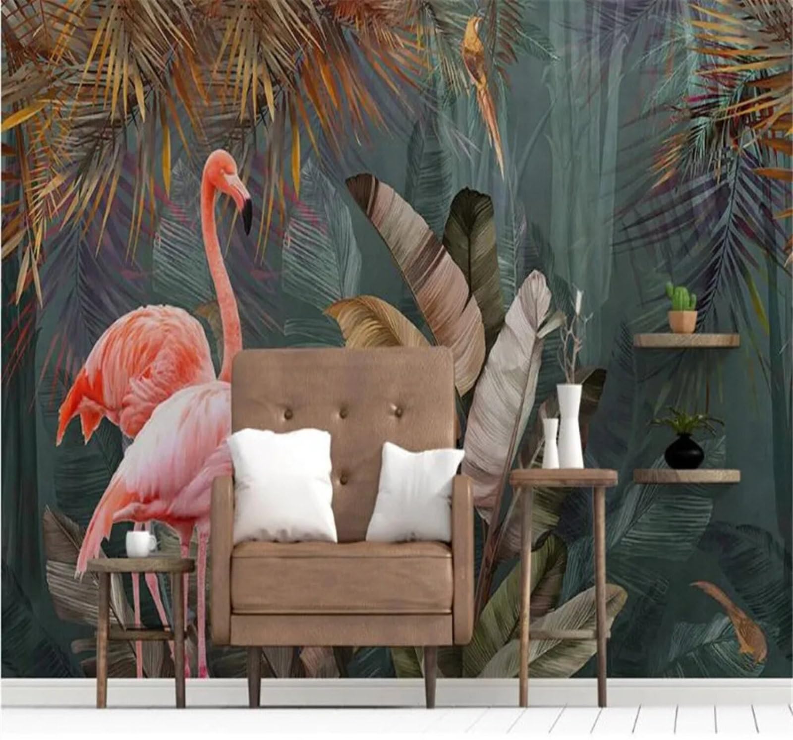 Xlming 350Cm×256Cm(B×H) Minimalist Tropical Plants Forest Flamingos 3D Wallpaper Silky Texture Home Study Office Grey Dining Room Sofa Bedroom Living Room Tv Backdrop-350Cm×256Cm