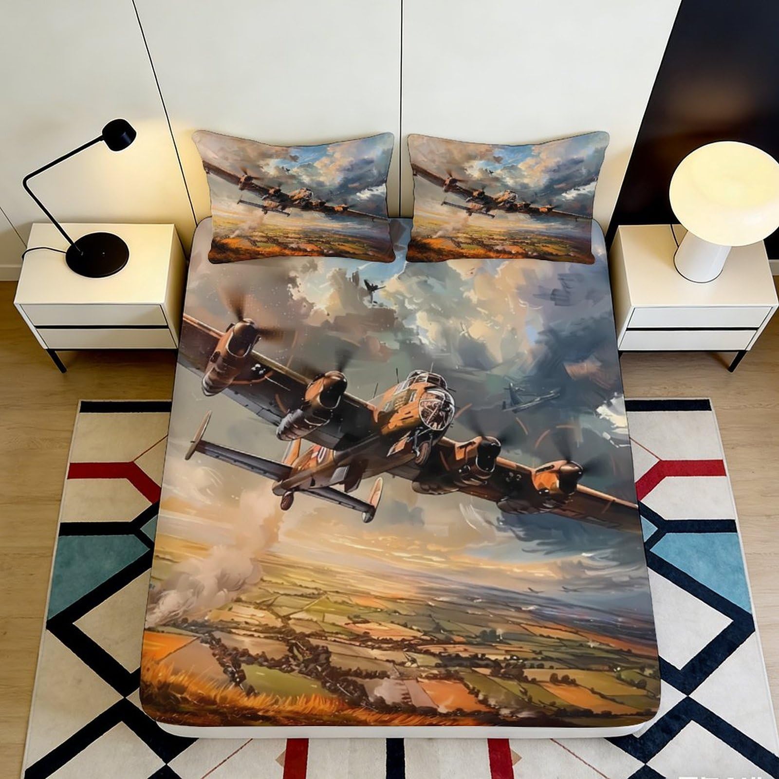 3D Printed Aircraft Fitted Sheet Microfiber Deep Pocket Non-Slip Bedding Aircraft Mattress Fitted Cover Washable for Adults Bedroom 140x200x25cm