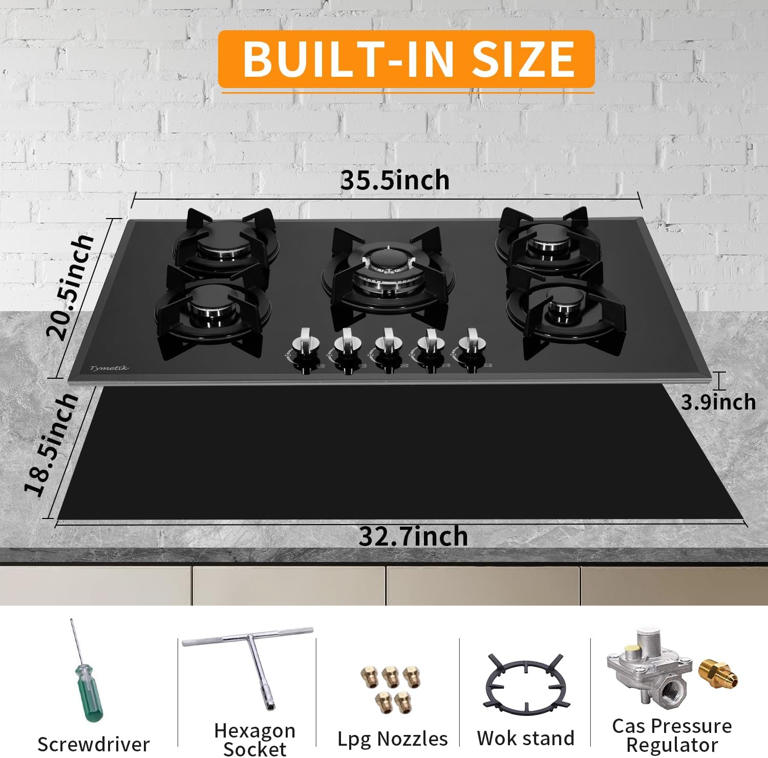 36 Inch Gas Cooktop, Built-in Tempered Glass Stovetop 5 High Efficiency Burners Stove Top Propane/Natural Gas Convertible Hob (Black)