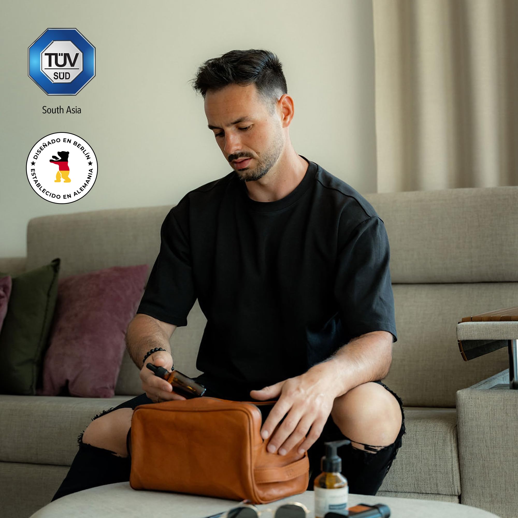 Berliner Bags Tim XL Neceser de Piel Auténtica, Gran Bolso de Aseo con Cremallera YKK, Bolsillos Interior y Exterior, Forro de Algodón y Asa de Mano – Marrón