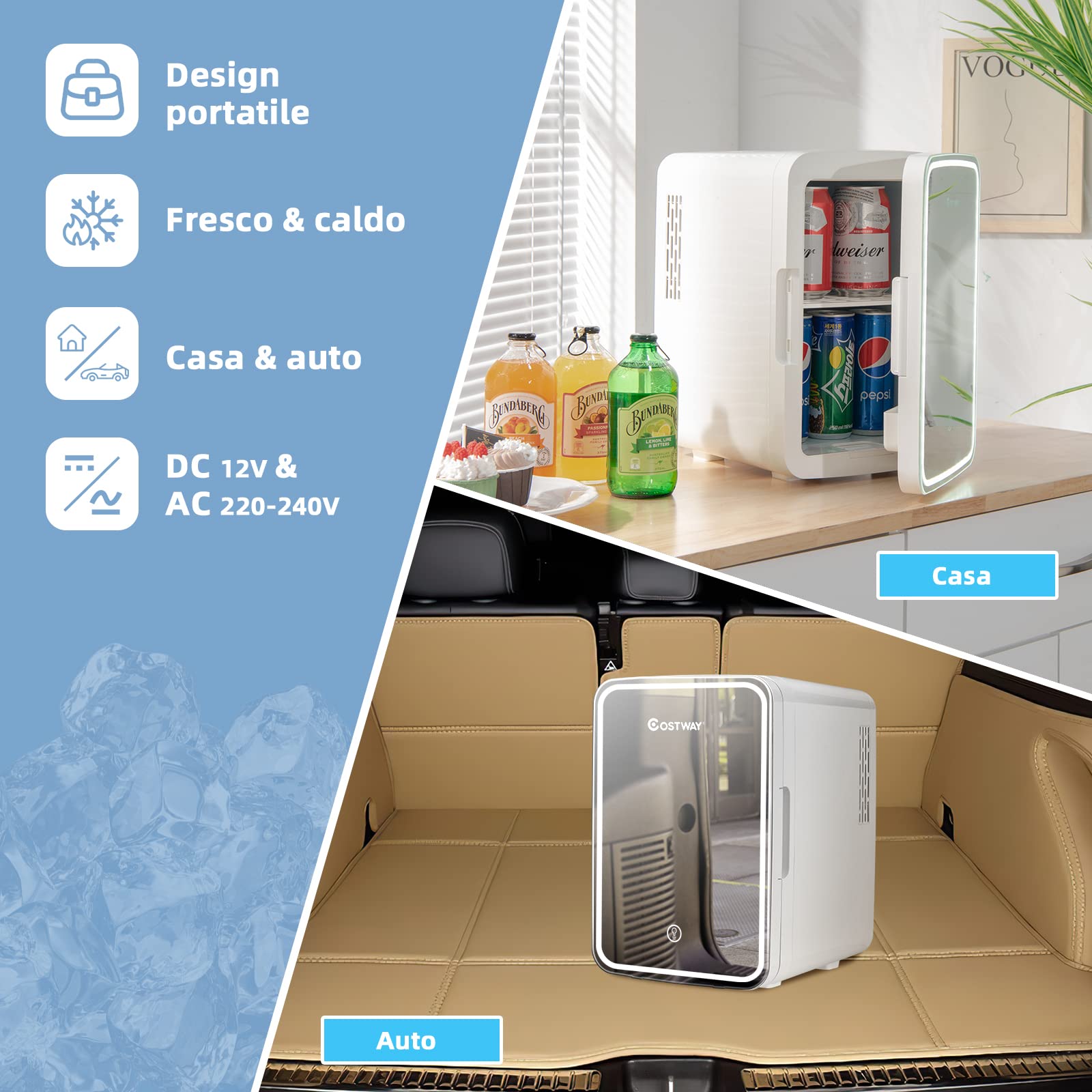 COSTWAY 10 L Mini Frigo Portatile 220 V AC/12 V DC con Specchio LED per Prodotti di Bellezza, Bevande, Frigo Termostatico e Riscaldamento per Auto, 23 x 28 x 34 cm