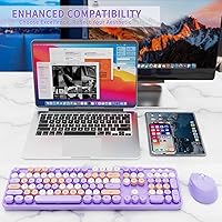 Vista 7 de Combo de teclado y mouse inalámbricos Nowlike, teclado retro estilo máquina de escribir con teclas redondas, tamaño completo ergonómico, morado