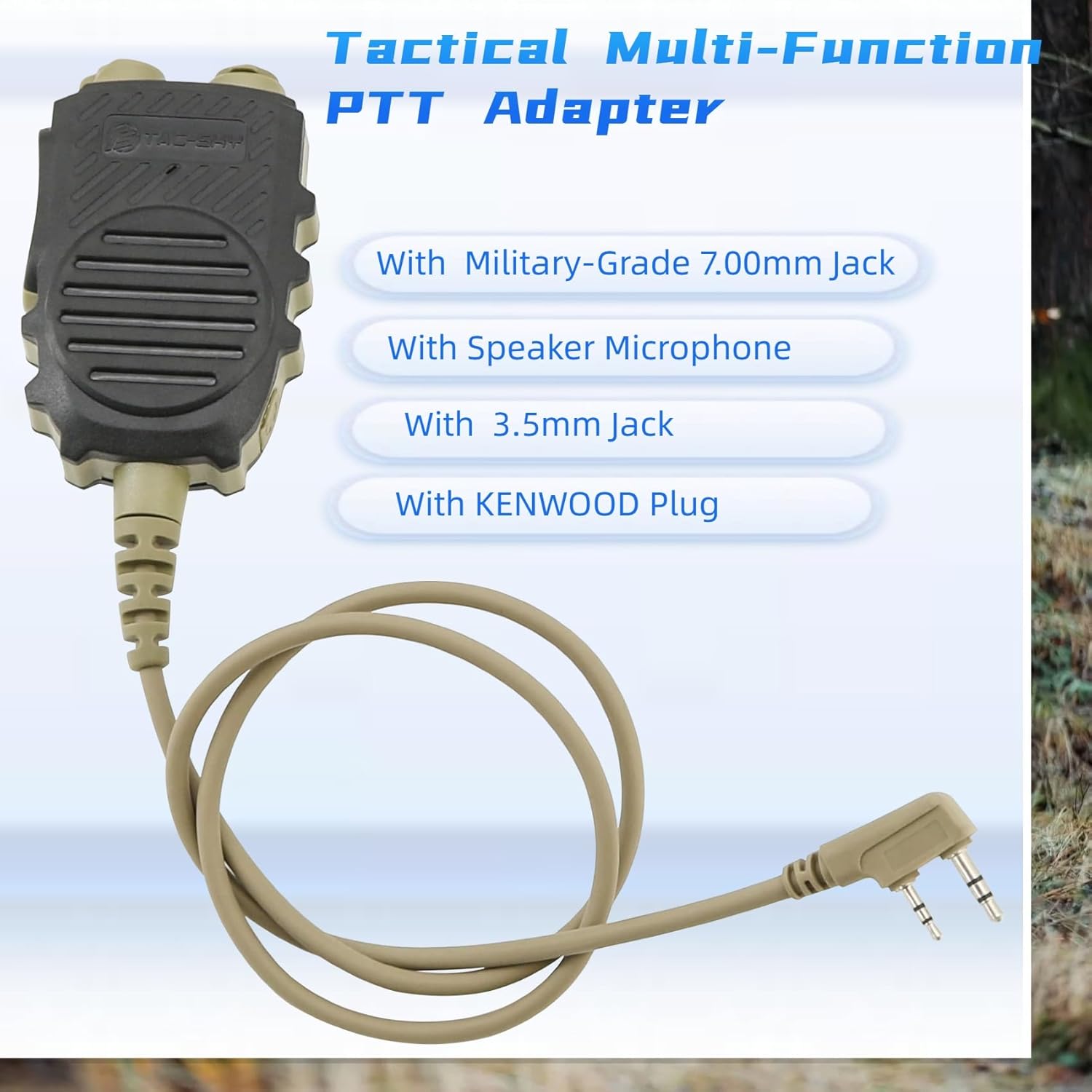Tactical Multi-Function PTT Adapter Handheld PTT Microphone Compatible with Kenwood Plug Walkie-Talkies, Featuring 7.00mm Tactical Headset Jack and 3.5mm Mobile Phone Jack (Black)