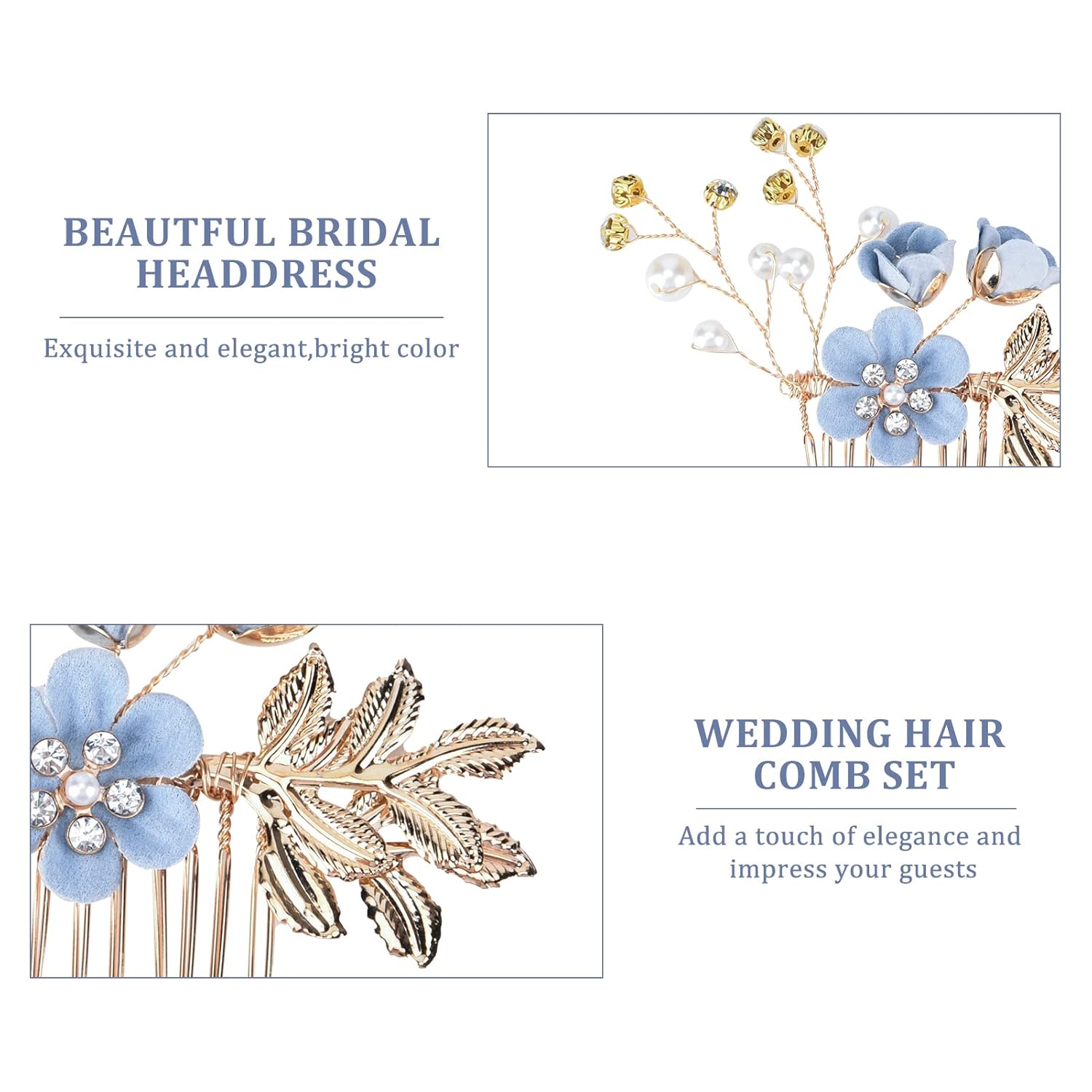 BOWINR 5 Pack Wedding Hair Piece Bridal Hair Comb, Blue Flower Rhinestone Hair Accessories Handmade Pearl Crystal Floral Leaf Hair Clip for Women Girls Bride Bridesmaids Prom Wedding Party - Image 5