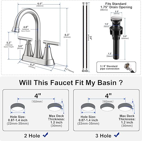 Miniatura 37 de Hurran - Grifos de baño para fregadero de 3 agujeros, 4 pulgadas, color negro mate con drenaje emergente y 2 mangueras de suministro, grifo central