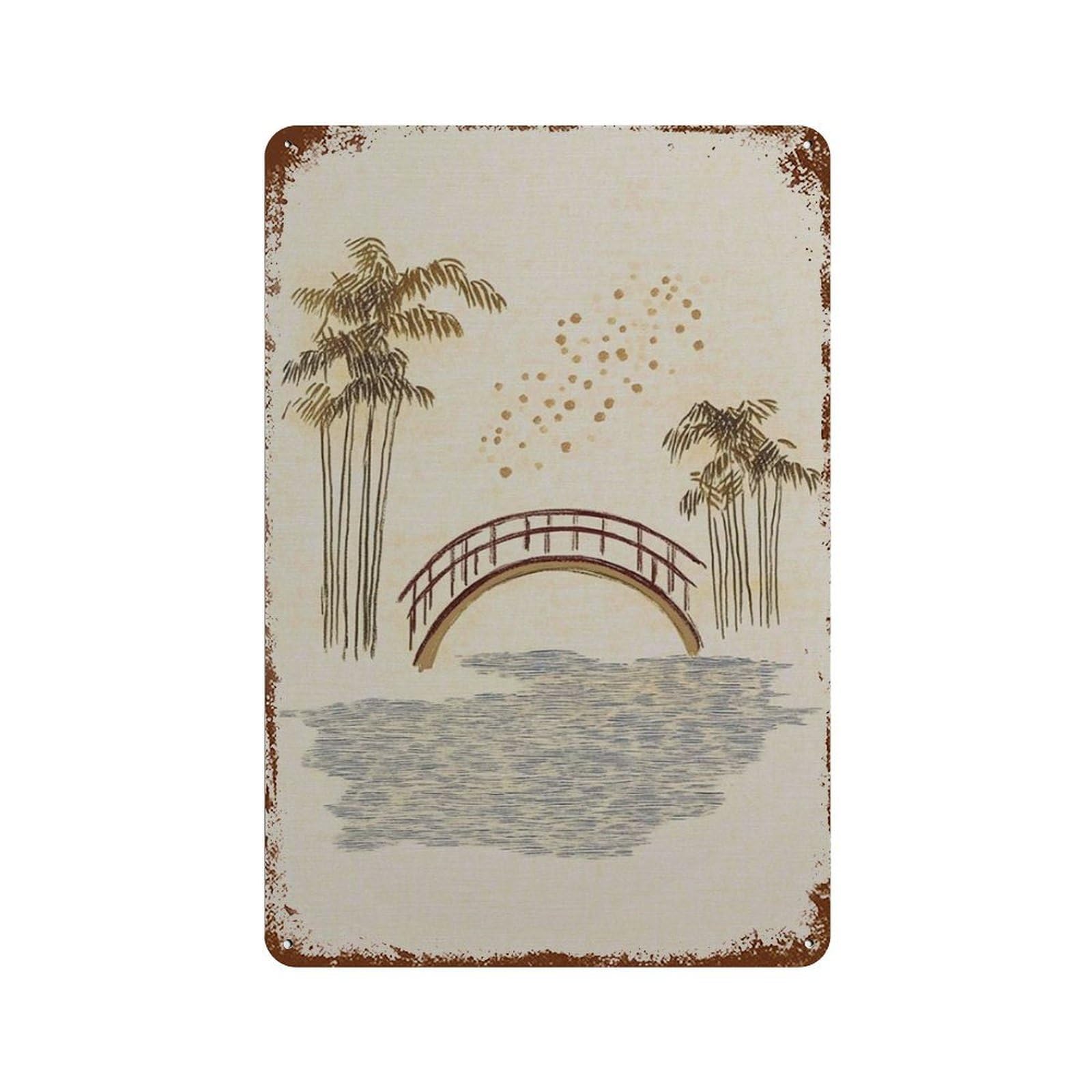 xiaoxiaoshen Minimal Tropical Bridge Neutral Palm Tree Calm Coastal Landscape Wall Decor Art Metal Tin Poster Modern Home Decor Art Home Bar Shop Decorations Vintage Sign 30x20cm
