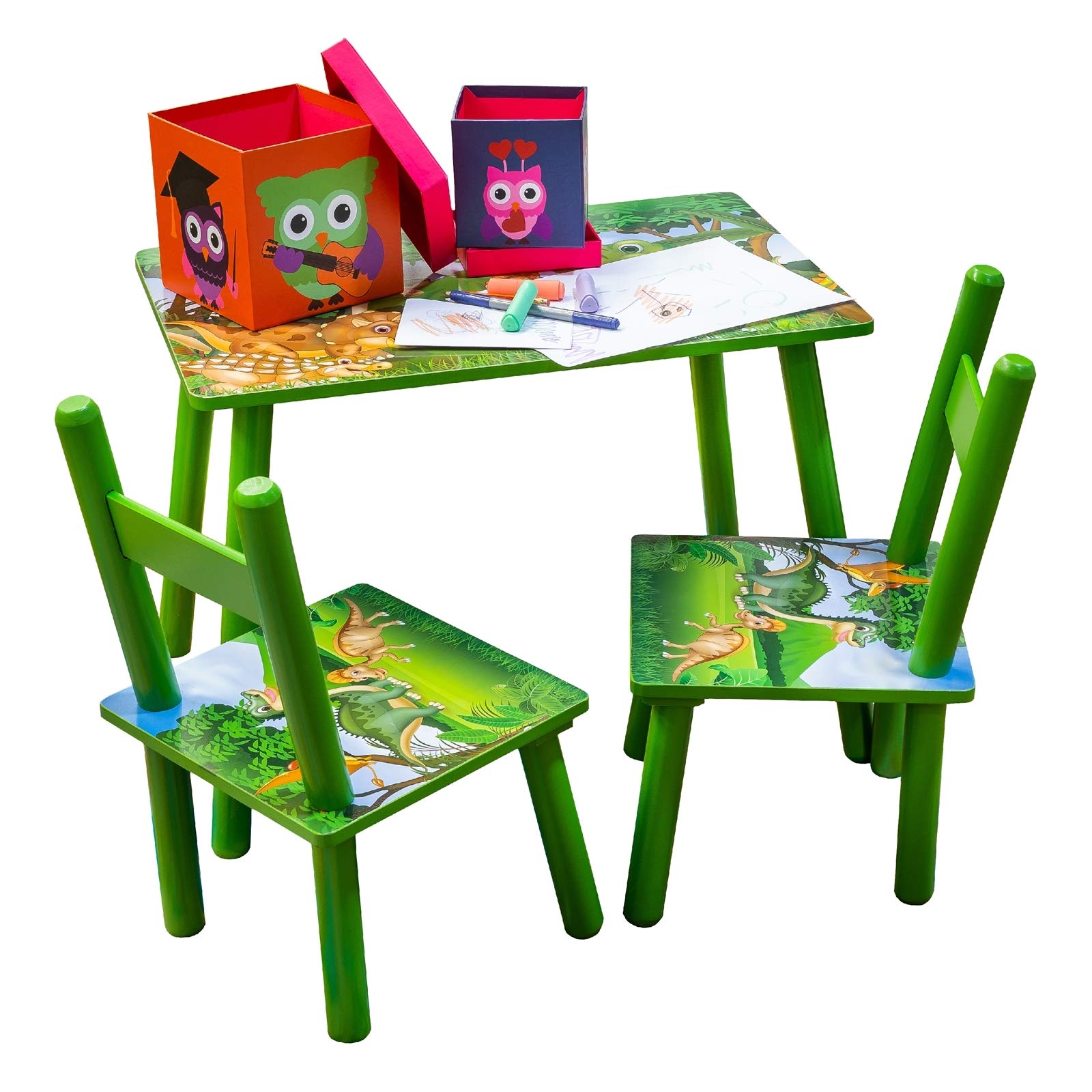 HTI living Kindertisch mit Stühlen Kinder Sitzgruppe Dino Motiv bunt aus MDF Kindertischgruppe Dino mit 2 Stühlen