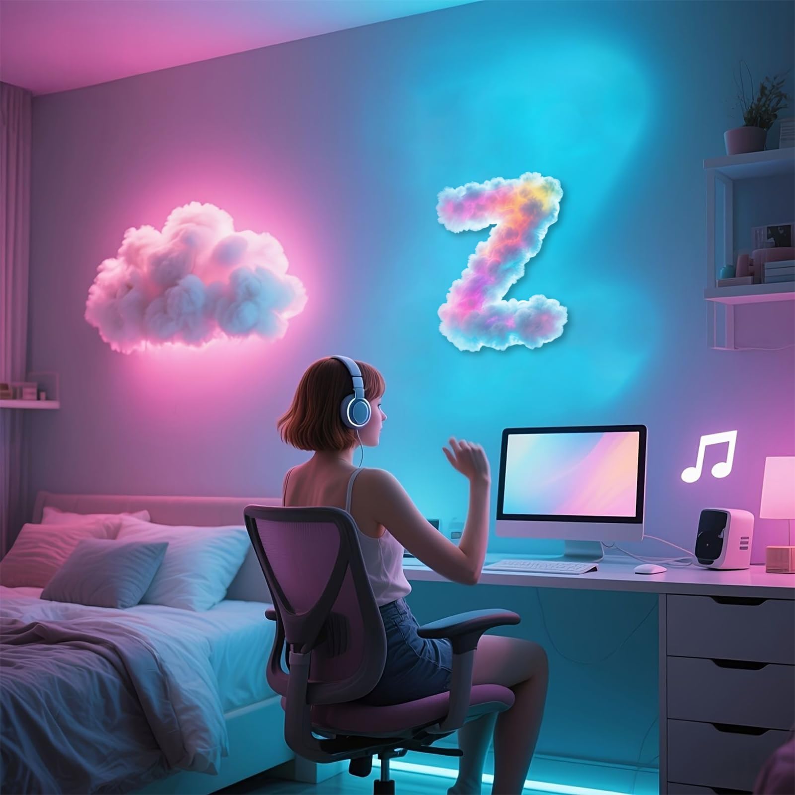 Rathalos - Luce notturna a LED 3D, alimentata tramite USB, set di luci a nuvola ritmica musicale, per camera da letto e sala giochi, brillante illuminazione USB cloud