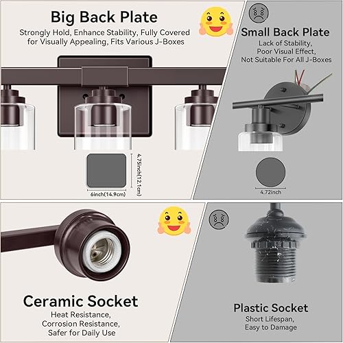 Miniatura 7 de Lámparas de baño de 3 luces, 19 pulgadas, modernas luces de tocador sobre espejo con pantallas de vidrio transparente, accesorio de luz marrón,