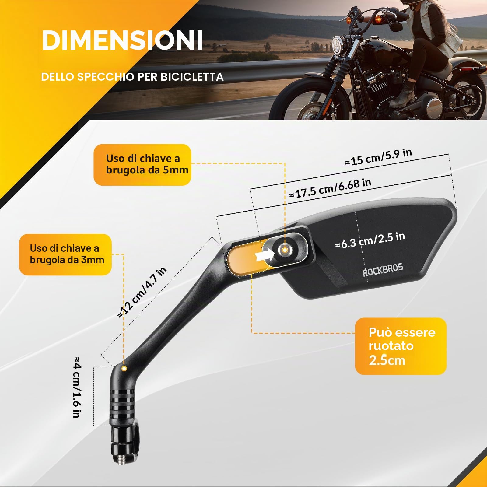 ROCKBROS Specchietto Retrovisore Bici, Specchietto per Bicicletta, Specchietti 360 °Regolabile, Specchio Ciclismo per Manubrio 21-26mm, Adatto per Bicicletta, MTB, Bici da Corsa