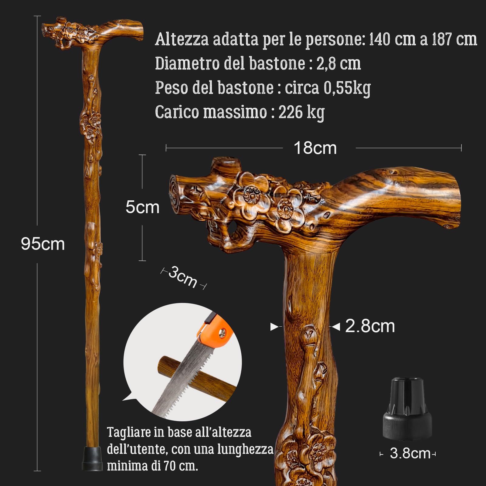 Acquista Bastone da passeggio in legno per palmo, supporto per stampella, legno, ottone, fatto a mano, robusto, bellissimo bastone di legno in Italia a partire da 31