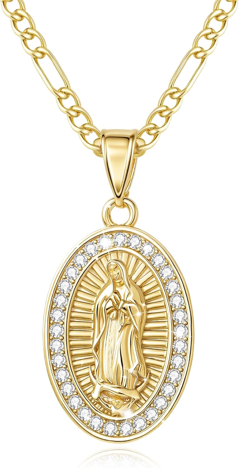Catholic Gift Virgin Mary Necklace for Women, 14K gold plated Guadalupe Pendant Necklace Mother Mary, Cubic Zirconia Virgen de Guadalupe Charm Lady of Guadalupe Womens Jewelry Gift