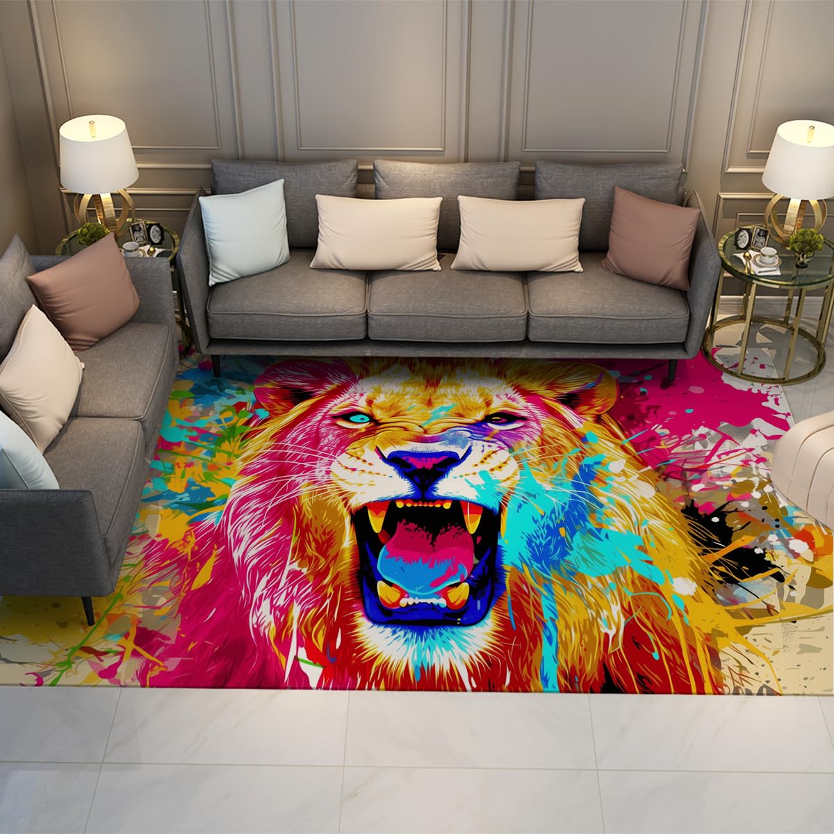Tapis de graffiti lion résistant aux taches 180x270cm tapis poil bas salon