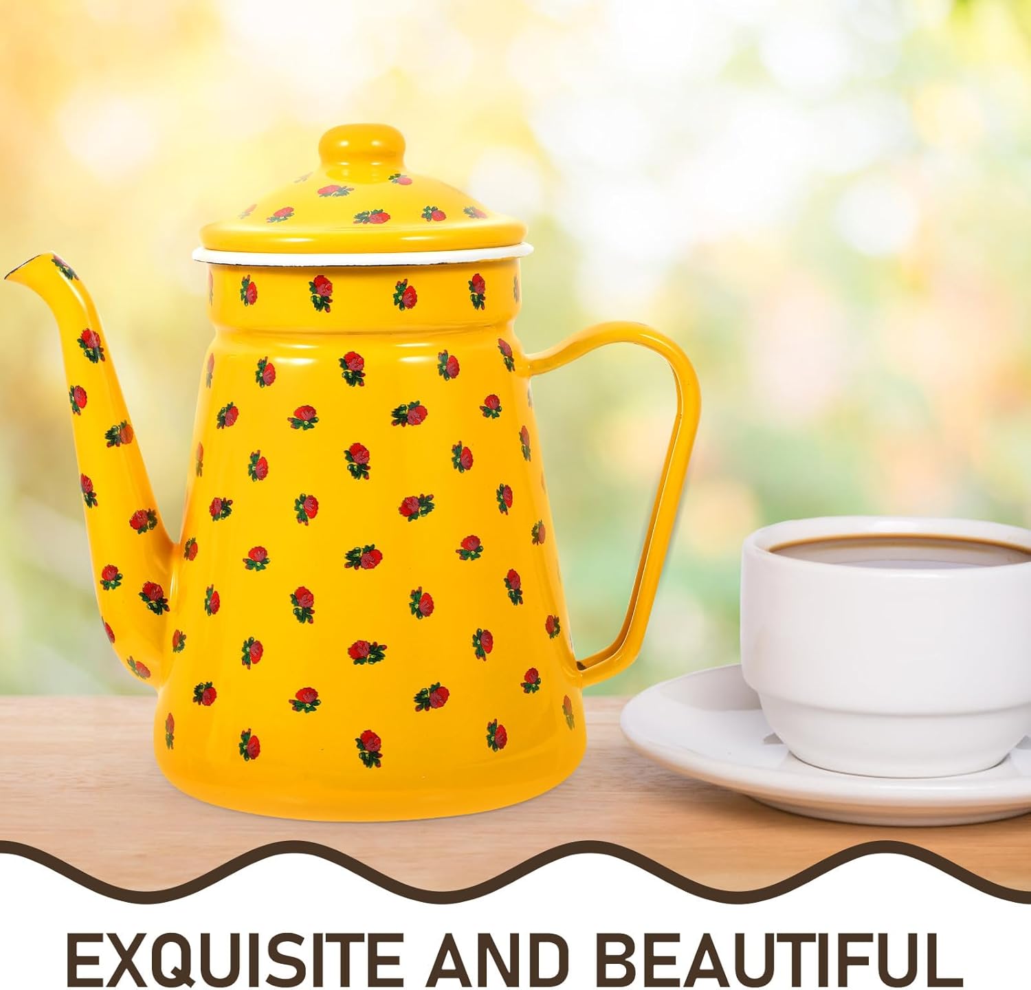 BESPORTBLE Enamel Coffee Kettle 1.5L Yellow Handle Water Pot Thickened Tea Pot for Home Kitchen Stovetop Brewing Campfire Use
