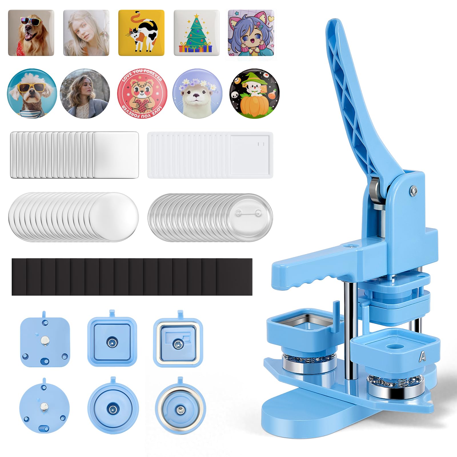 Button Maker Machine with Interchangeable Moulds, Square 50 mm Mould & 50 Sets of Materials for Making Fridge Magnets + Round 58 mm Pin Badge Making Kit with Moulds & 50 Sets Making Materials