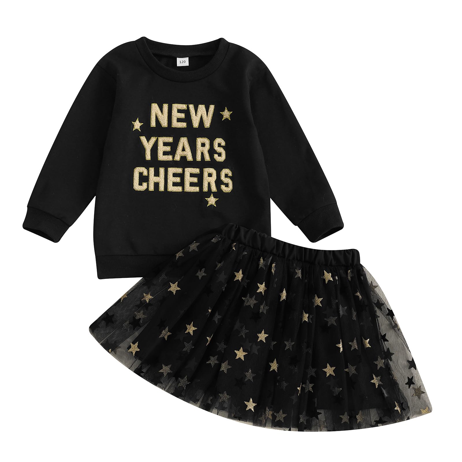 Fsadfeas Toddler Baby Girl New Years Outfit Embroidery Letter Print T-shirt Sequined Star Tulle Tutu Skirt Dress Cute Clothes (Black, 12-18 Months)