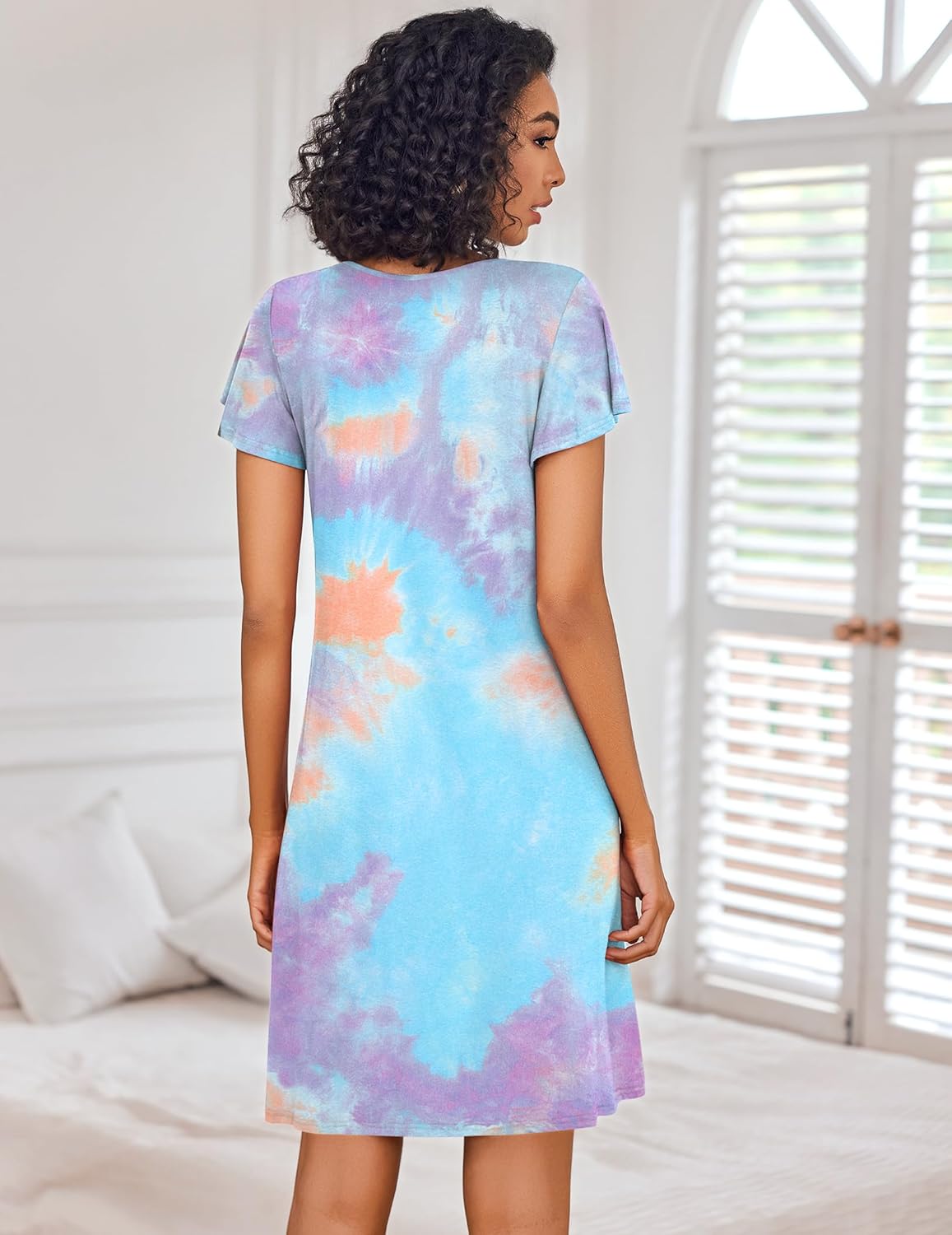 Ekouaer Nightgowns for Women Short Sleeve Sleep Shirts Pleated Night Dress V Neck Night Shirts Soft House Dress - Image 5