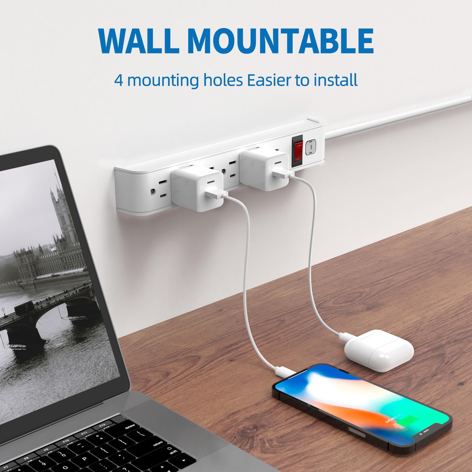 TiFFCOFiO - Tira de protección contra sobretensiones, cable de extensión de 4 pies, protección contra sobretensiones de 600 julios, protección múltiple, tira de 6 tomas, certificación ETL, color