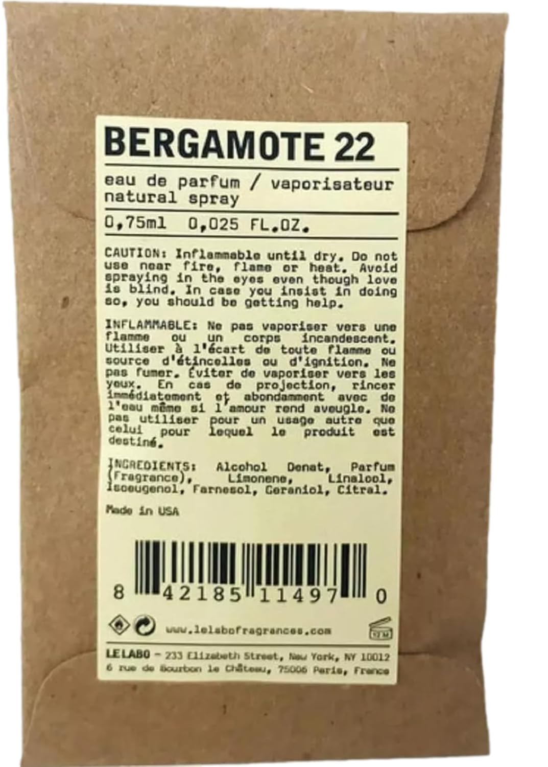 Le Labo BERGAMOTE 22 UNISEX Perfume EDP Vial 0.75 ml / 0.025 oz - (ONE SAMPLE VIAL PER ORDER) 4970 - Image 2