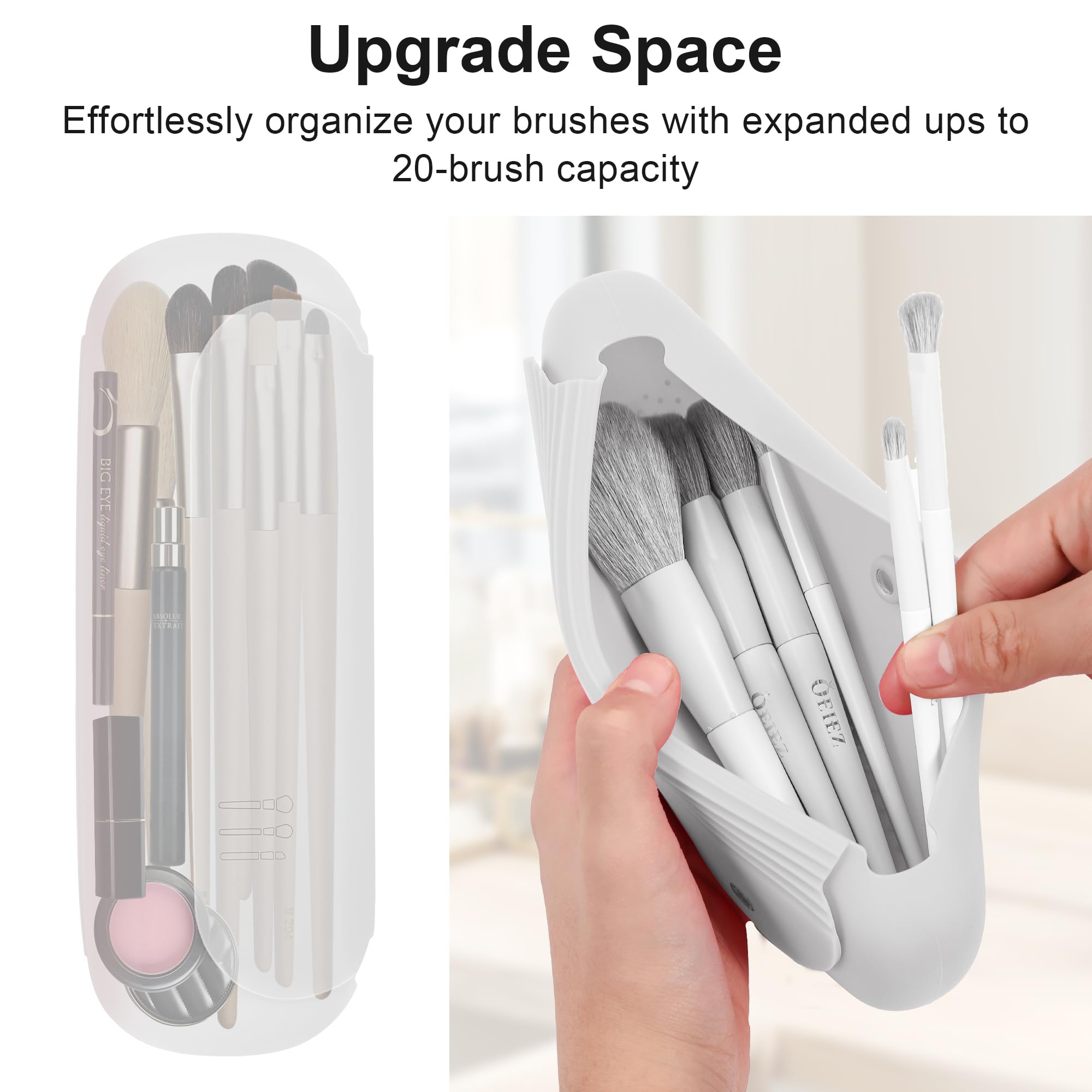 BAGCRAZY Makeup Brush Holder,Silicon Portable Cosmetic Face Brushes Holder with Built-in Brush Cleaner,Upgrade Travel Essentials Makeup Brush Case,Makeup Tools Organizer for Travel, White
