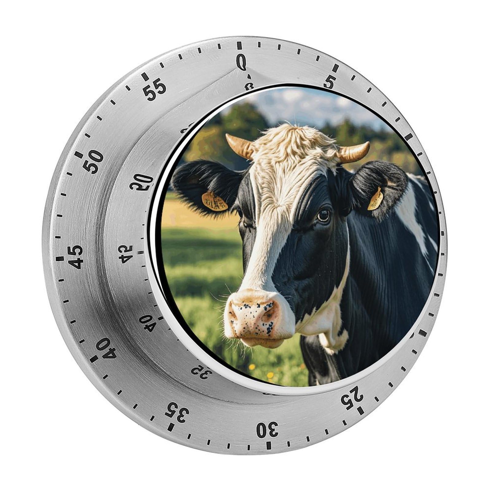 Mechanical Kitchen Timer with Magnetic Back, Stainless Steel Manual Black White Milk Cow Printed Timer for Cooking and Time Management