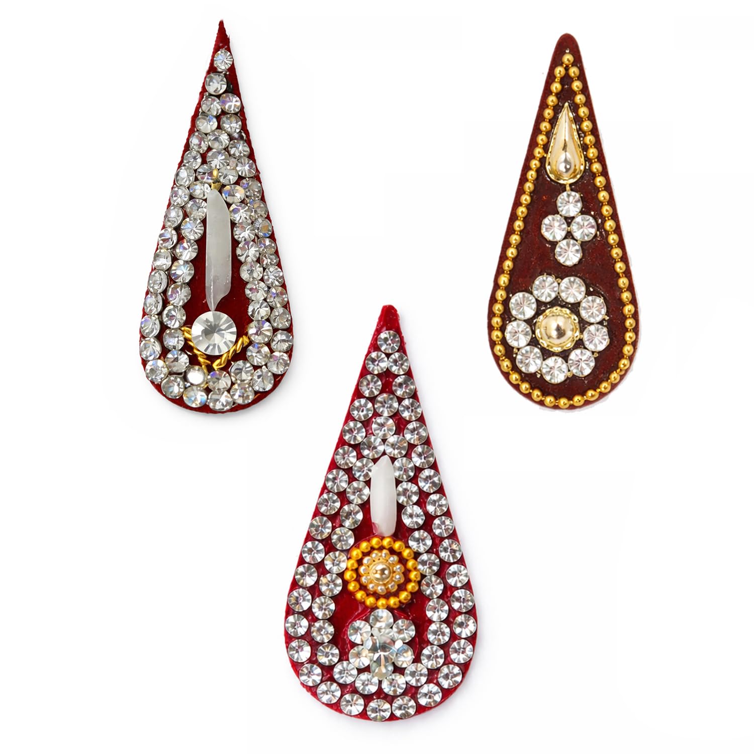 VAMA Fashions 3 Pcs Maroon Teardrop Shape White Crystal Rhinestones Bridal Groom Dulha Reusable Forehead Bindi Tilak Kumkum Sindoor Bindis Set for Men-image-9