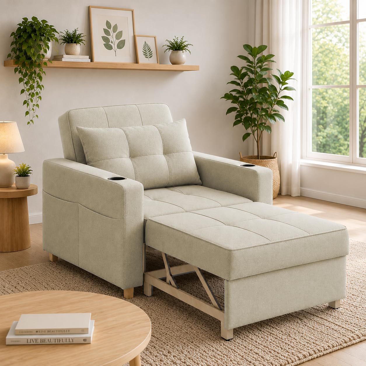 Casaliving Treshta Single Seater Sofa Cum Bed Sofa Set for Living Room (Cream - Colour) Premium Fabric Sofa Set-image-49