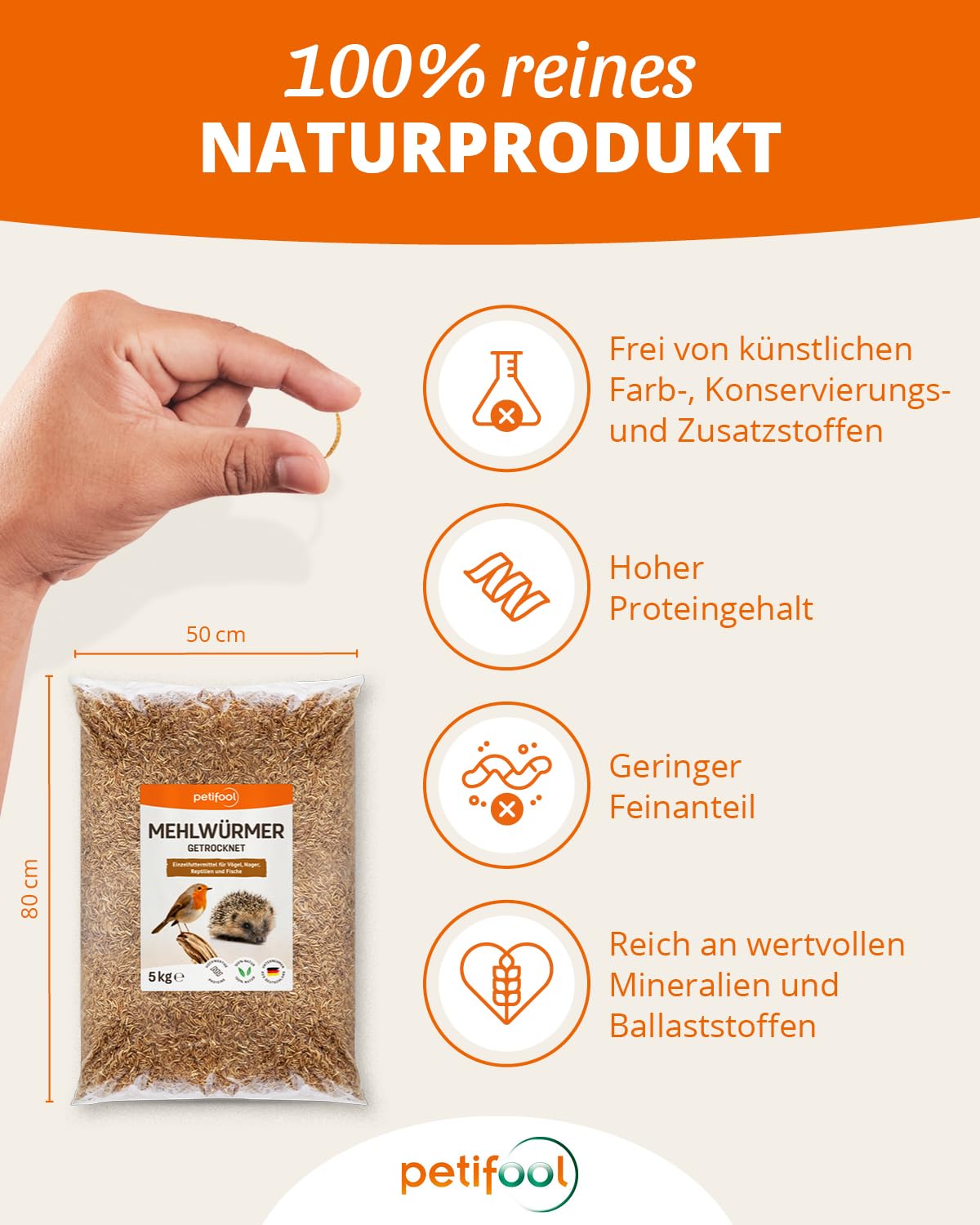 petifool petifool Mehlwürmer getrocknet 5kg – Insektensnack für Vögel, Nager, Fische, Schildkröten und Reptilien – hochwertiges Naturprodukt – proteinreicher Snack für Wildvögel