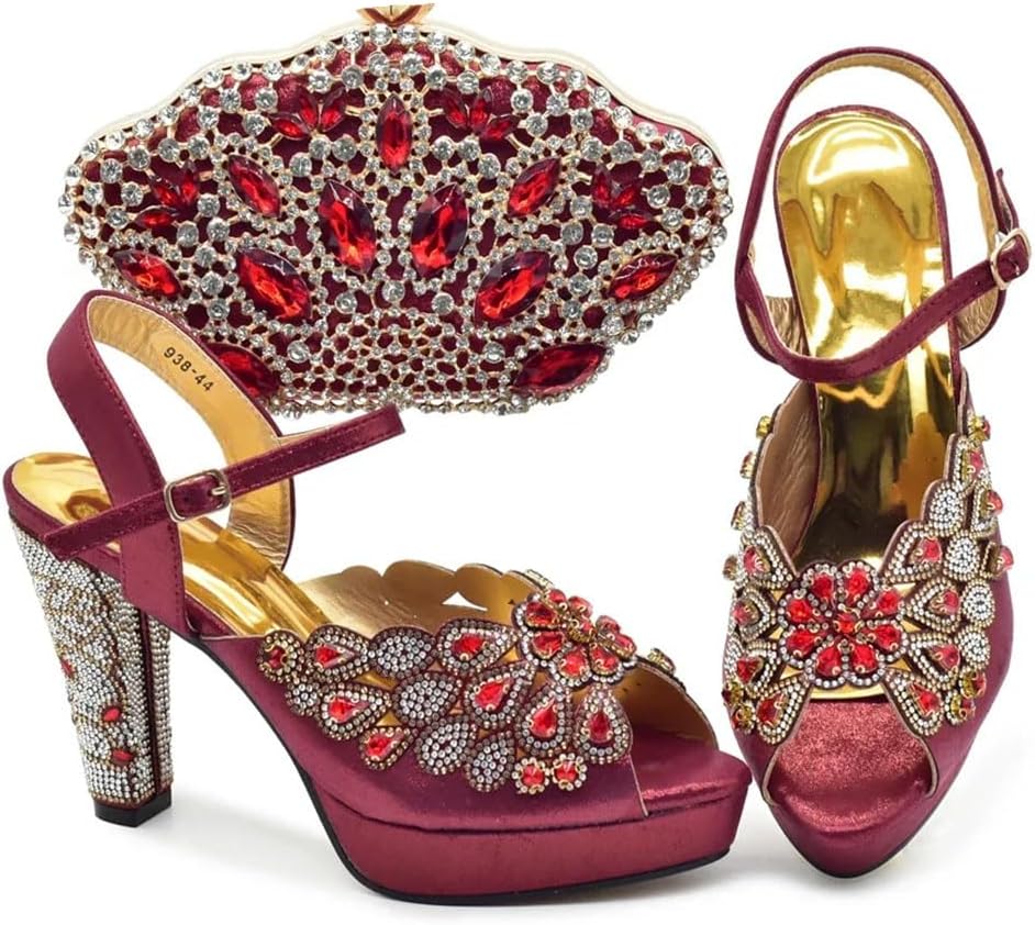 Women Shoe and Bag Set for Party in Bag and Shoe Set Decorated with Rhinestone Peep Toe