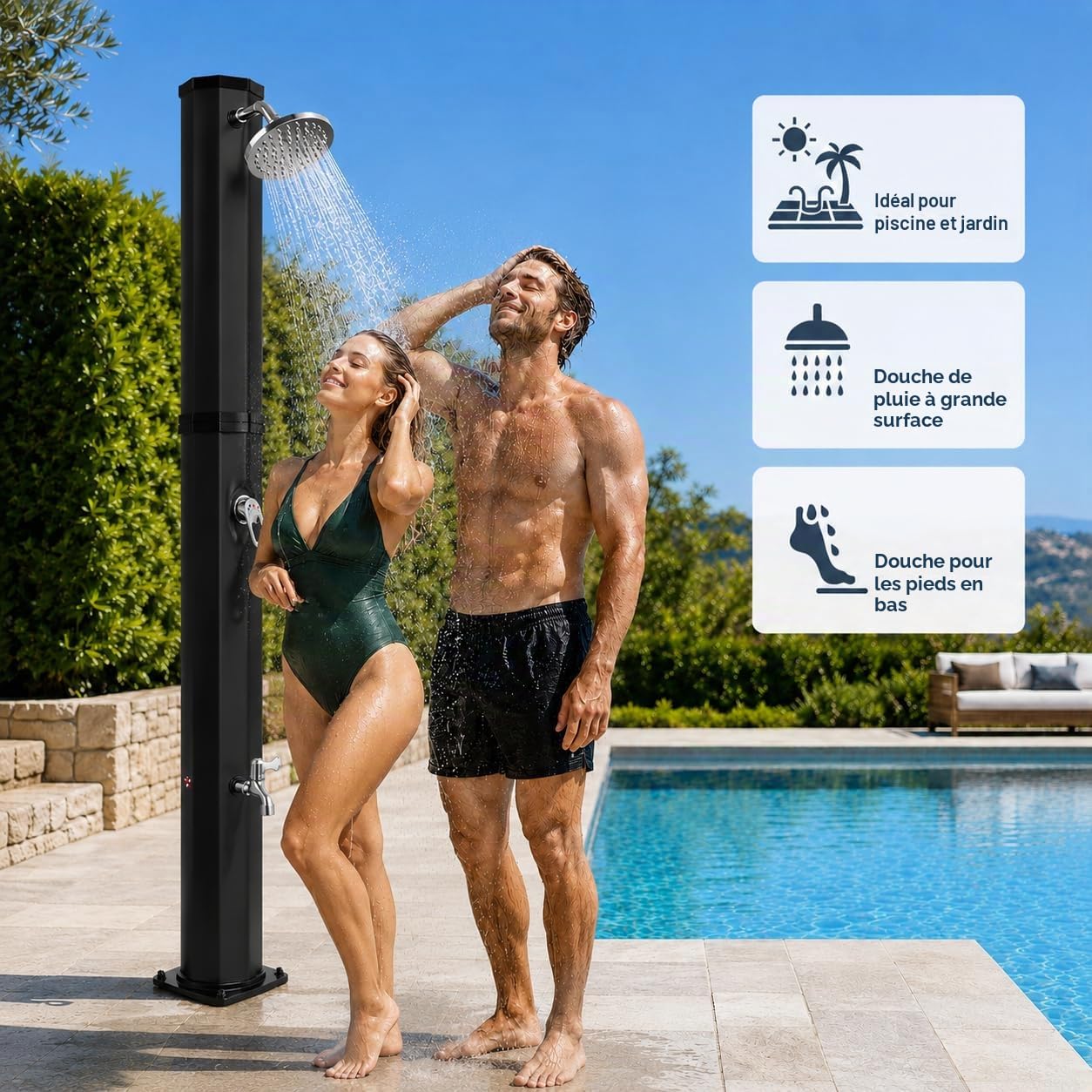 Douche Solaire de Jardin 60 L avec Housse de Protection, Pommeau de Douche à Effet Pluie Réglable, Robinet et Contrôle de Température/Pression - Idéal Douche de Piscine