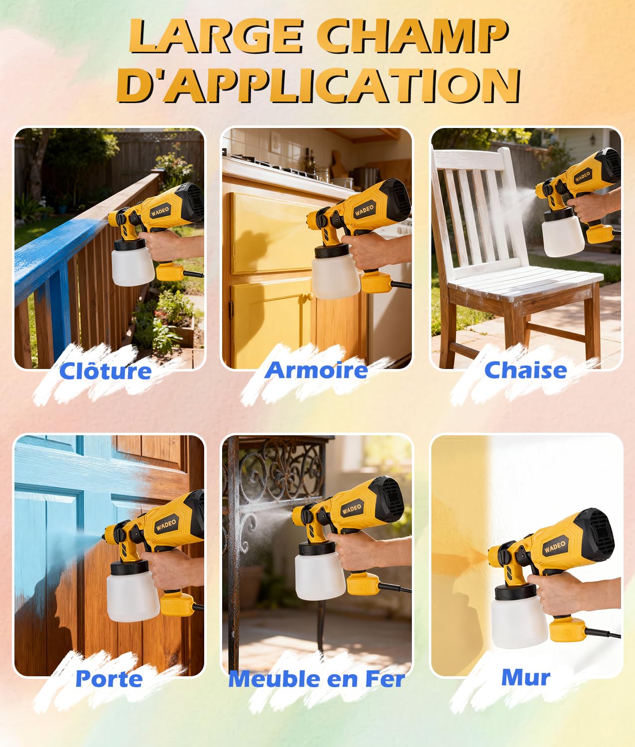 WADEO Pistolets à Peinture, [800W/1000ml/8 Buses/3 Modèles] - Pistolet à Peinture HVLP et Pulvérisateurs de Peinture pour Murs, Meubles, Portails, Plafonds, Jardins