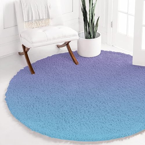 Miniatura 4 de Alfombra redonda de sirena degradada, color morado, turquesa, alfombra redonda de sirena esponjosa, alfombra suave de arte moderno, antideslizante,