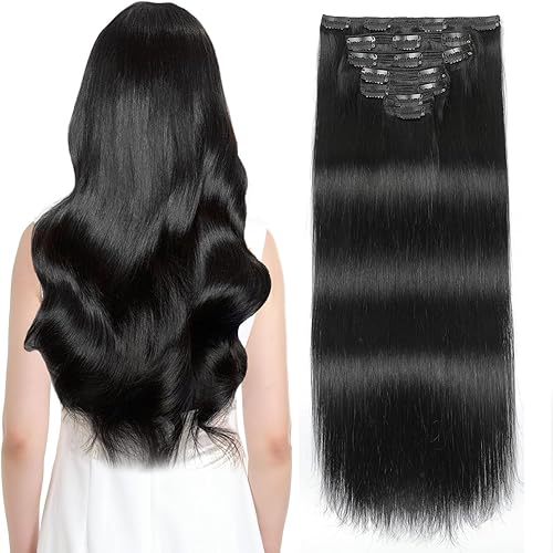 Clip in Hair Extensions Real Human Hair, 140g 7pcs Human Hair Clip in Hair Extensions Jet Black, Hair Extensions Real Human Hair Clip ins 16 Inch Straight Double Weft