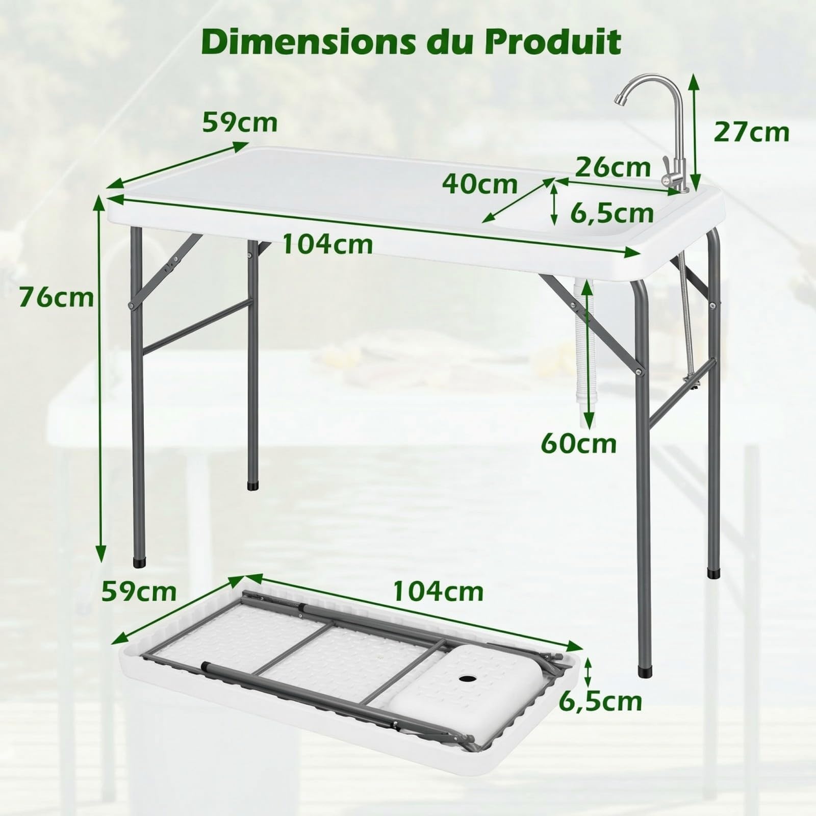 COSTWAY Table de Pêche Pliante avec Évier et Structure Métallique