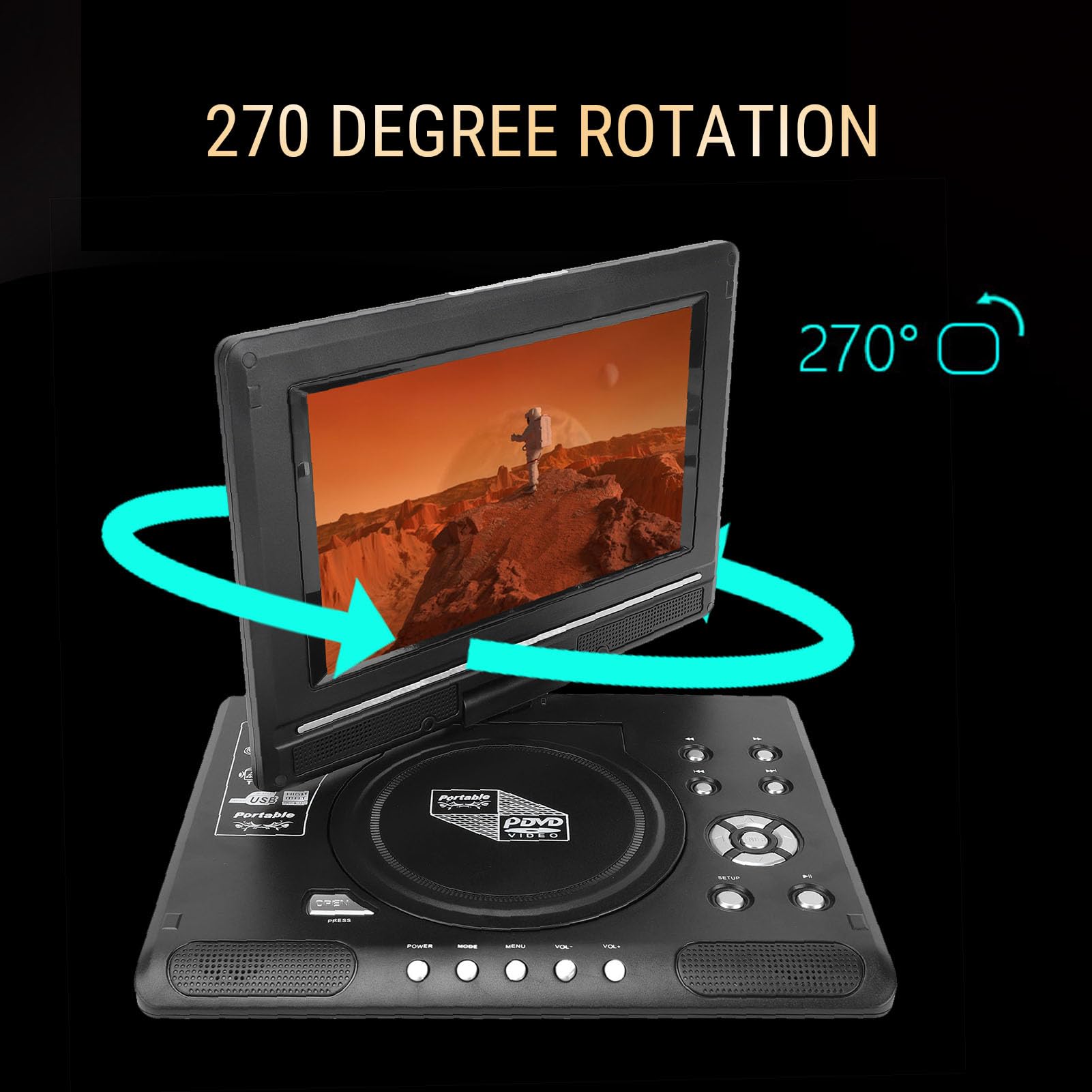 VBESTLIFE Lettore DVD Portatile con Schermo Girevole da 9,8 Pollici, Rotazione di 270° e Inclinazione di 180°, Doppi Altoparlanti Integrati, Supporta USB, Riproduzione CD DVD, Telecomando (EU)