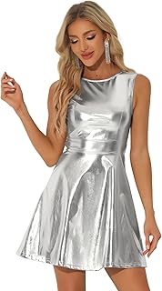 Allegra K Women's Metallic Sleeveless Round Neck High Waist Holographic Flare Dress