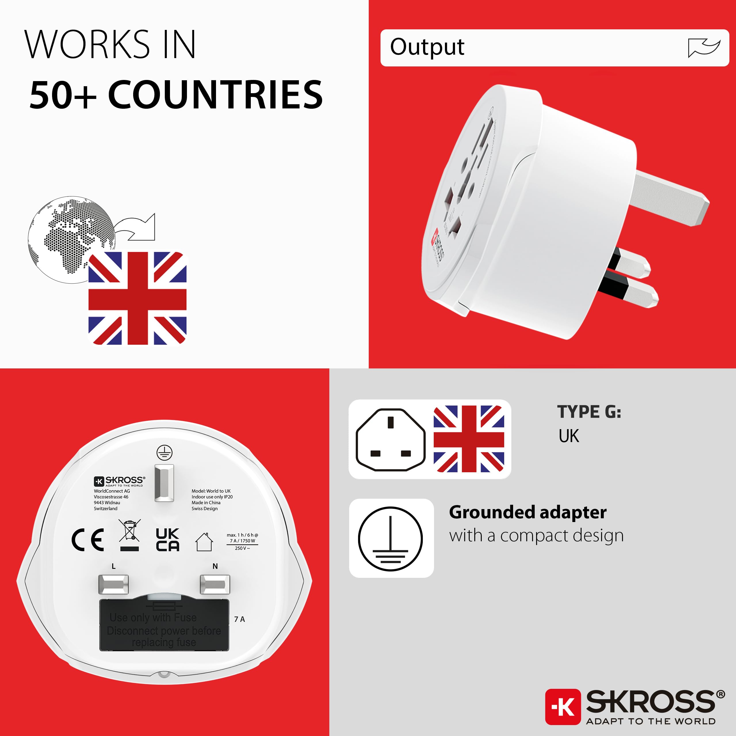 SKROSS World to UK adapter podróżny – uniwersalny adapter gniazdkowy ze świata na UK typ G, 7 A, 100-250 V, do laptopa, suszarki do włosów i elektroniki – kompaktowy i bezpieczny